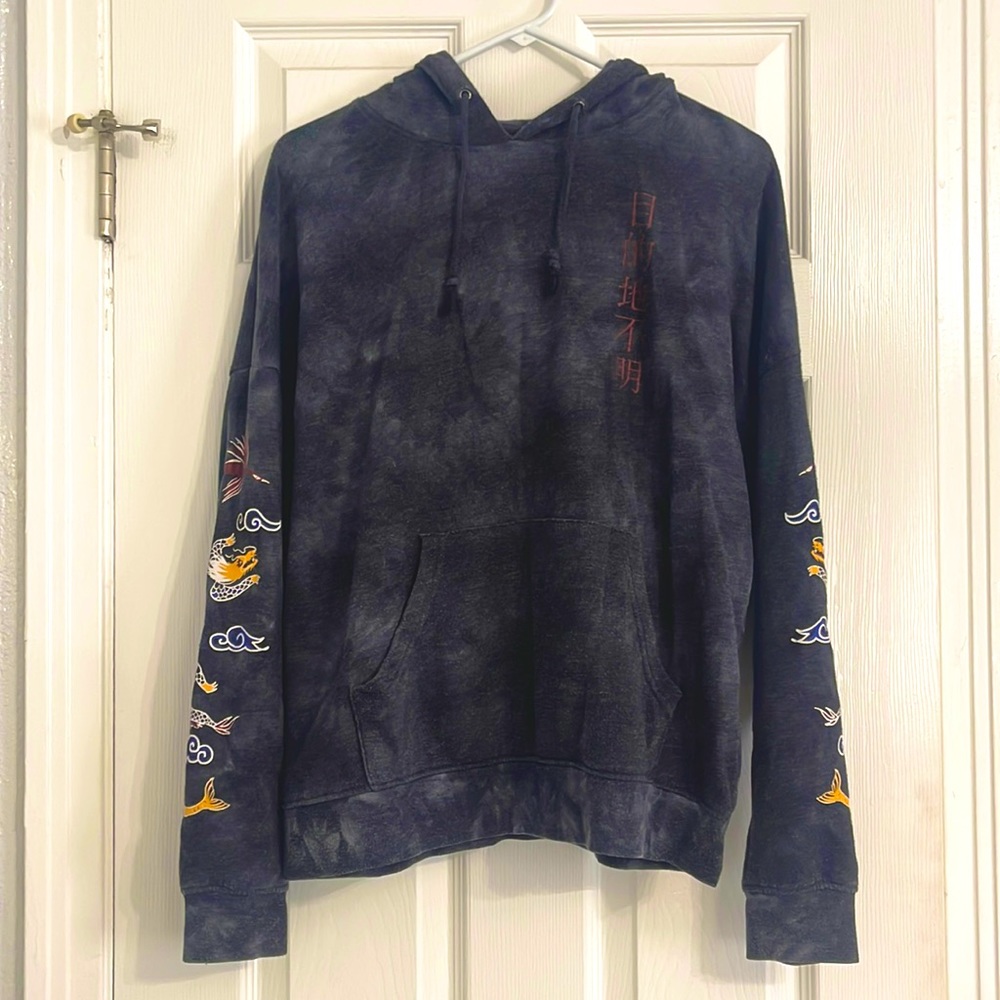 Size M Grey graphic hoodie with Asian writing and graphics of sleeves.
